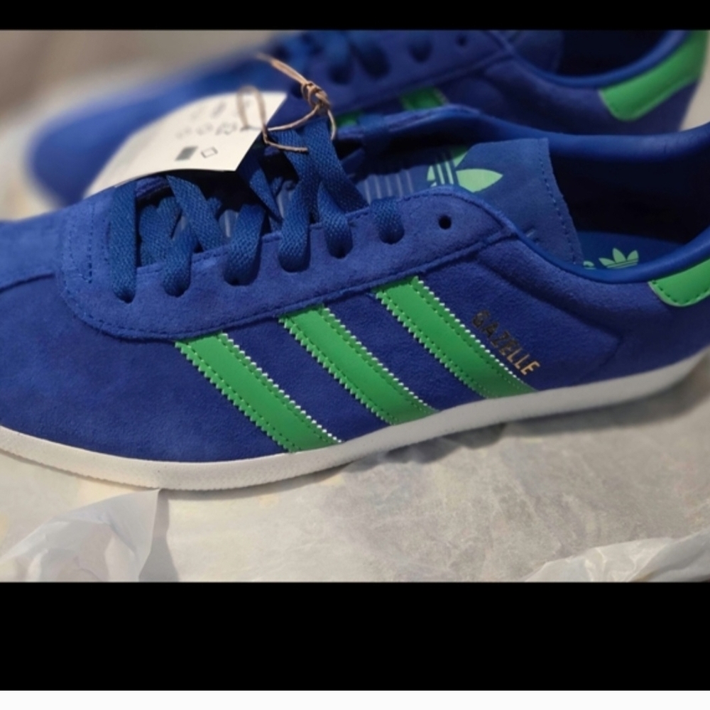 adidas Gazelle Royal Blue Suede Sneakers with Green Stripes